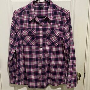 Eddie Bauer Women’s Magenta Purple Plaid Flannel Button Down Shirt Size Large